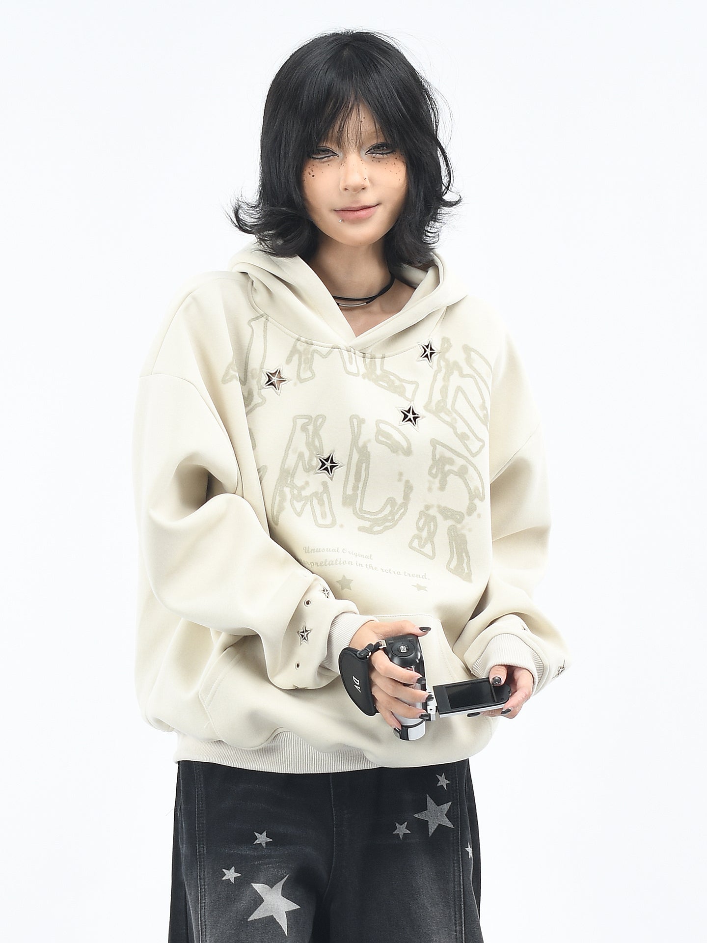 Retro Star Cutout Hoodie for Women Embroidered Loose Fit Casual Top