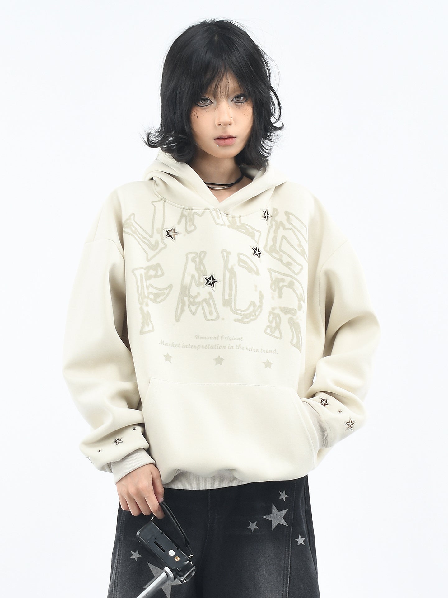 Retro Star Cutout Hoodie for Women Embroidered Loose Fit Casual Top