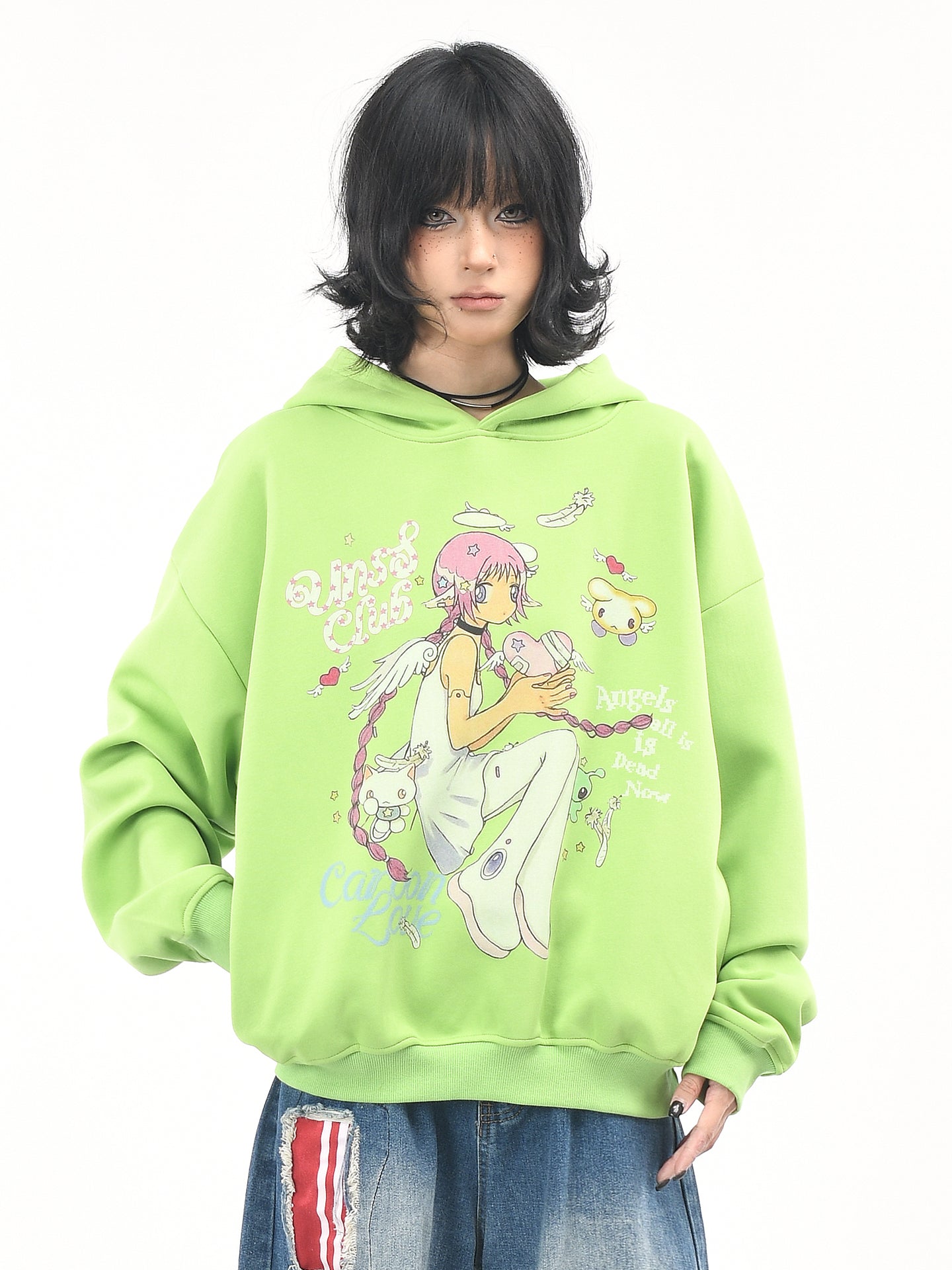 Cartoon Print Hoodie for Women Kawaii Style Loose Short Fall Sweatshirt