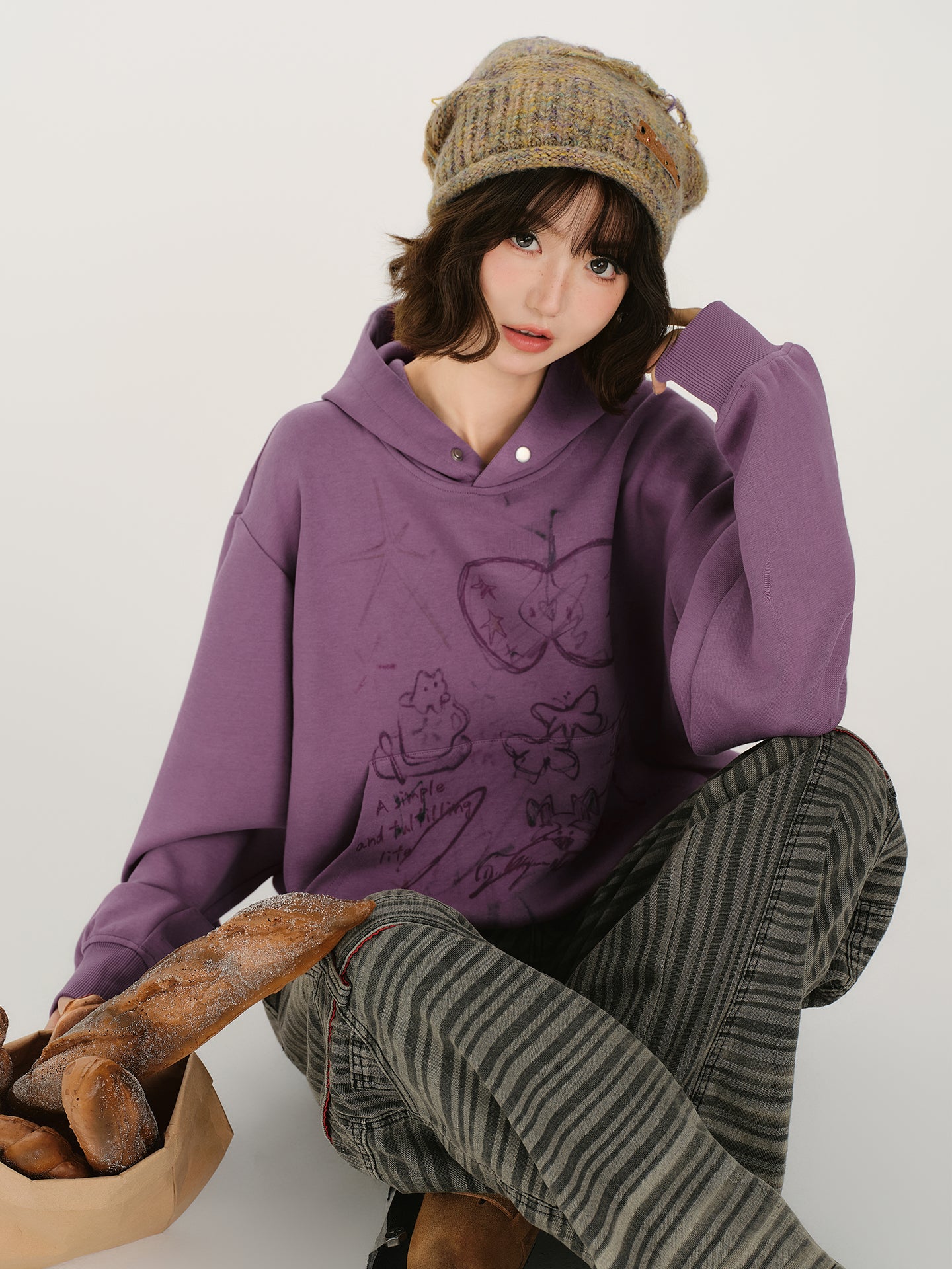 Loose Vintage Hoodie for Women Printed Washed Long Sleeve Pullover Top