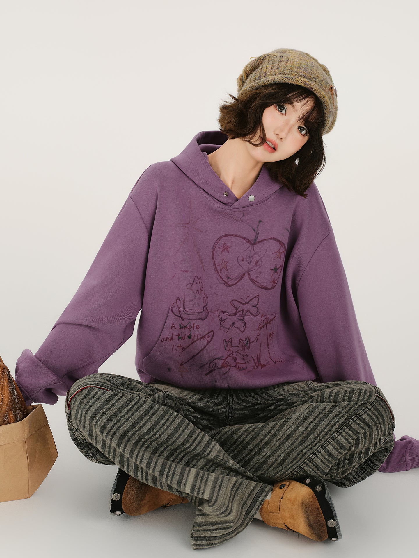 Loose Vintage Hoodie for Women Printed Washed Long Sleeve Pullover Top