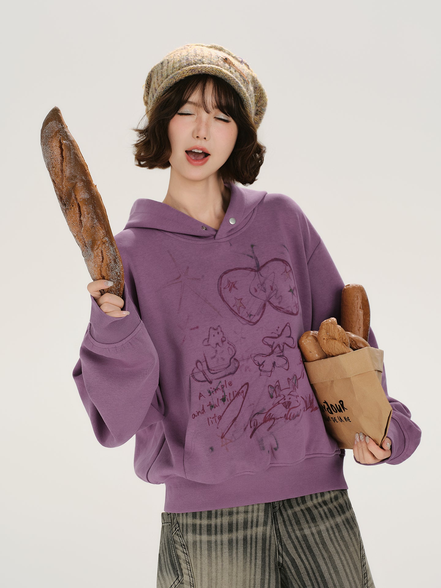 Loose Vintage Hoodie for Women Printed Washed Long Sleeve Pullover Top