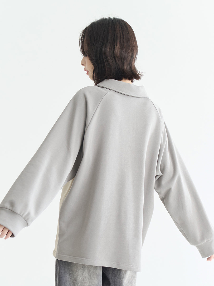 Casual Color Block Pullover for Women Collared Loose Fall Sweatshirt