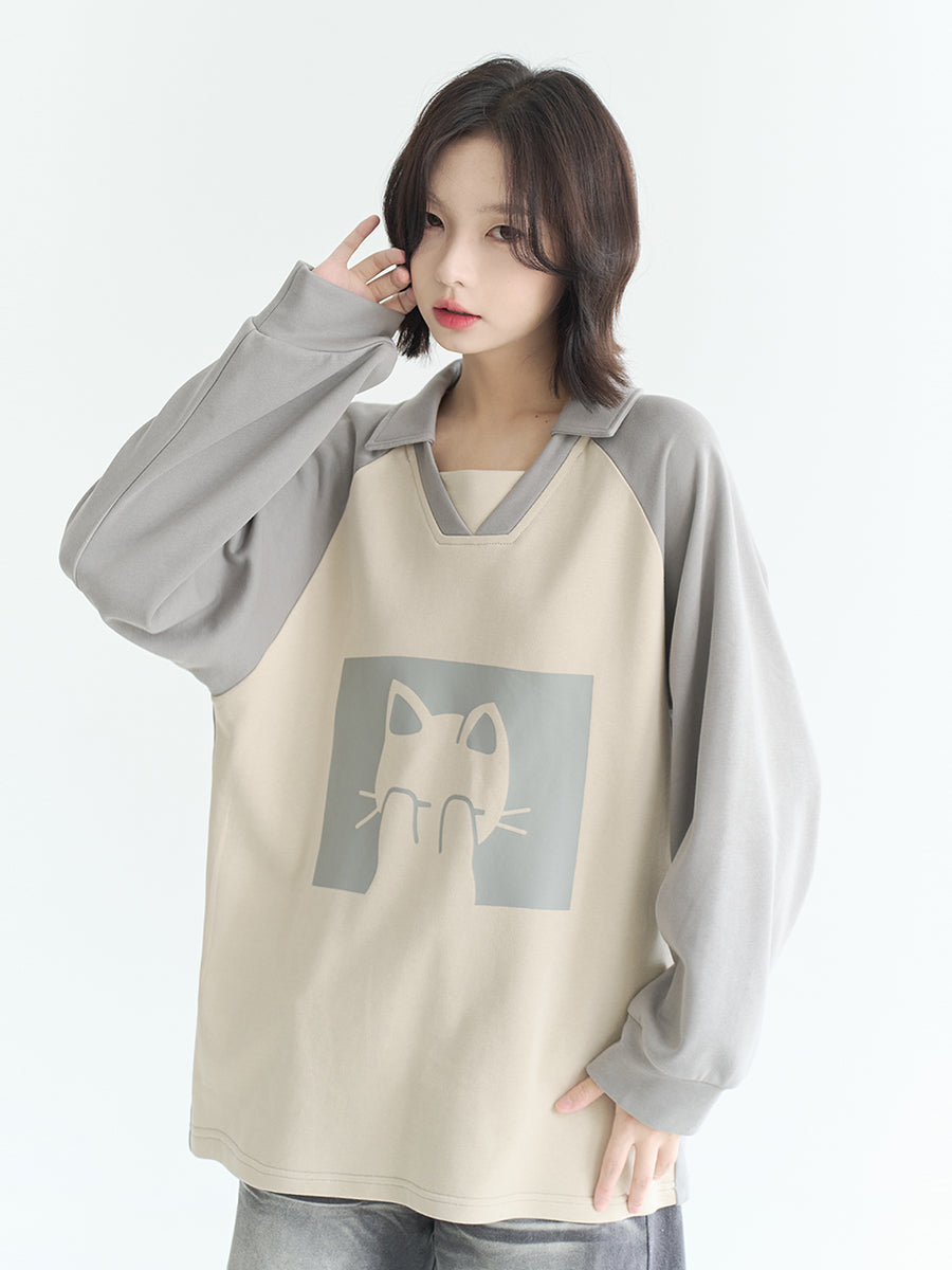 Casual Color Block Pullover for Women Collared Loose Fall Sweatshirt