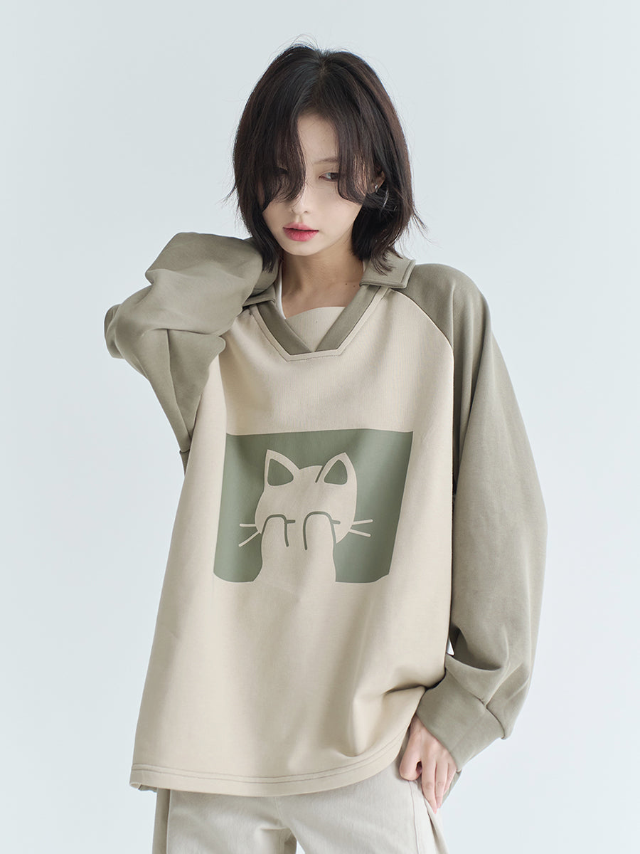 Casual Color Block Pullover for Women Collared Loose Fall Sweatshirt
