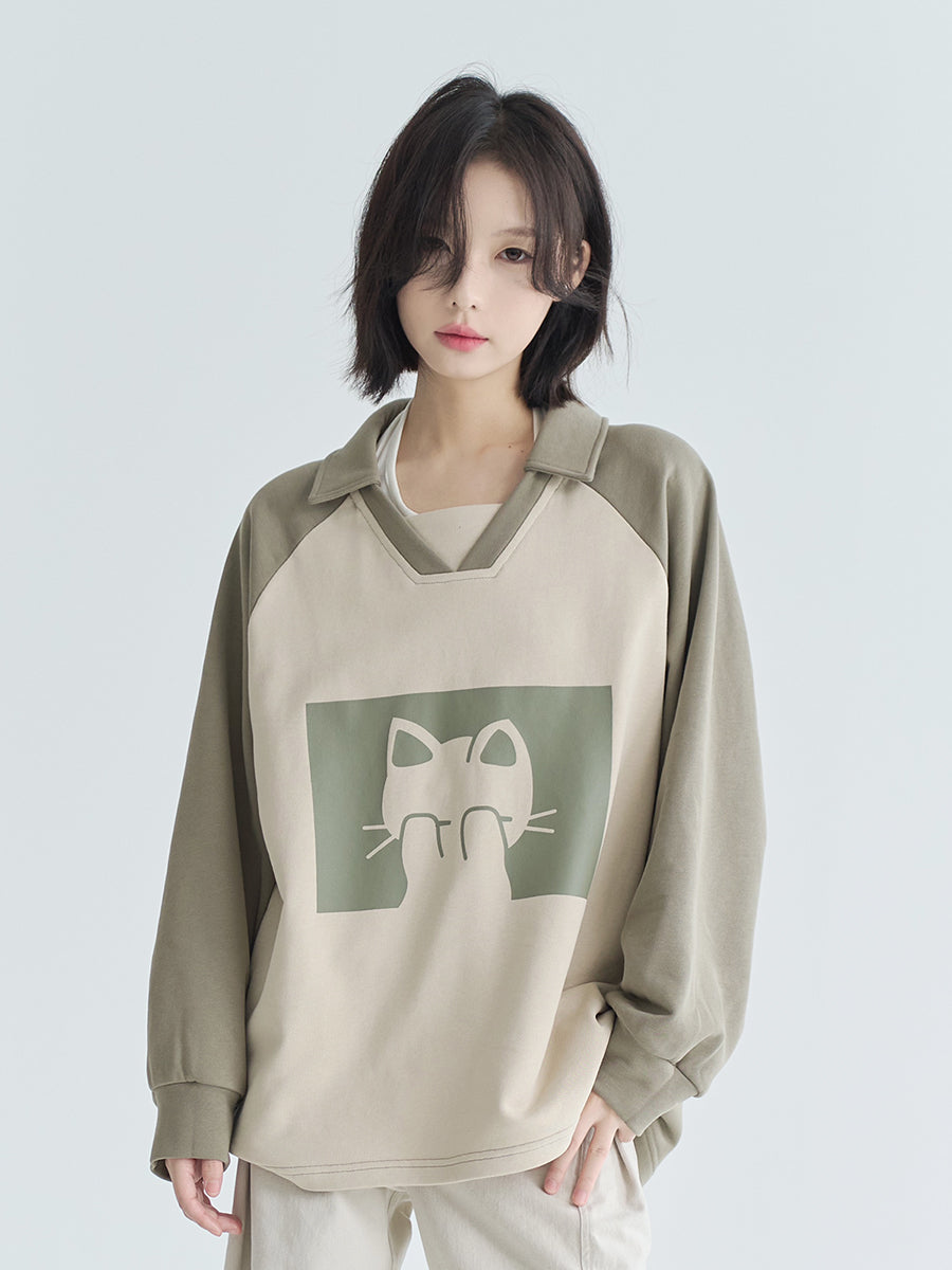 Casual Color Block Pullover for Women Collared Loose Fall Sweatshirt