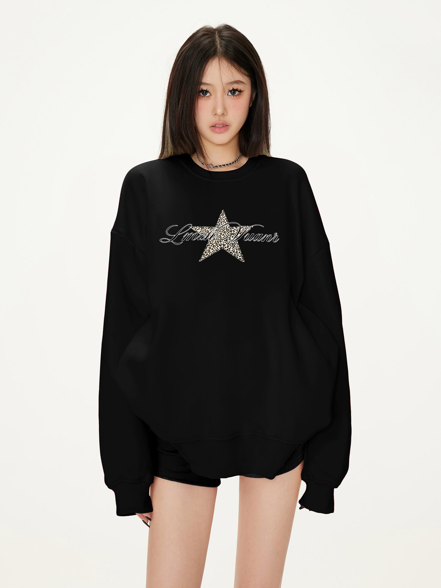 Loose Black Fleece Sweatshirt for Women Warm Round Neck Long Sleeve Top