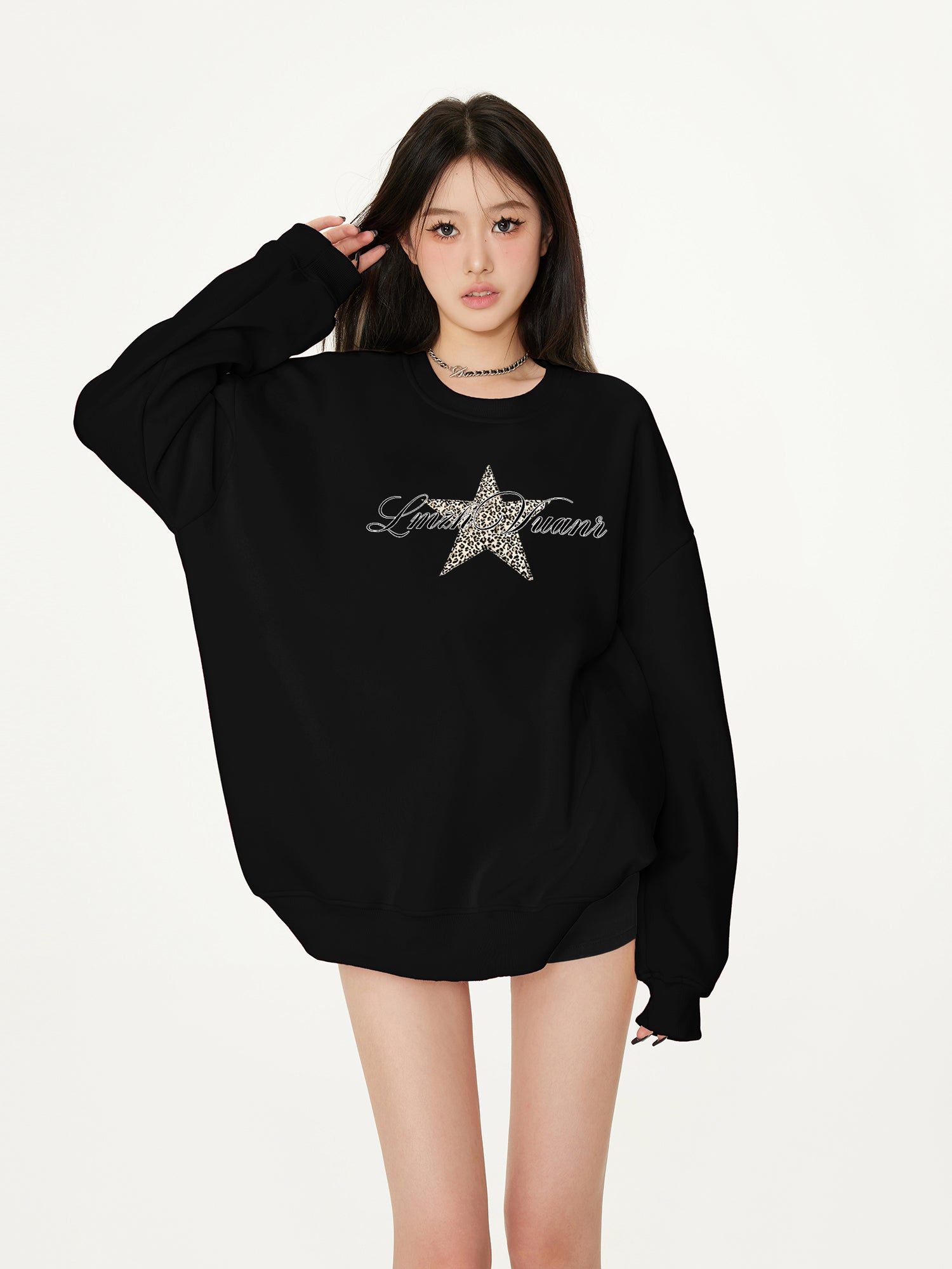 Loose Black Fleece Sweatshirt for Women Warm Round Neck Long Sleeve Top