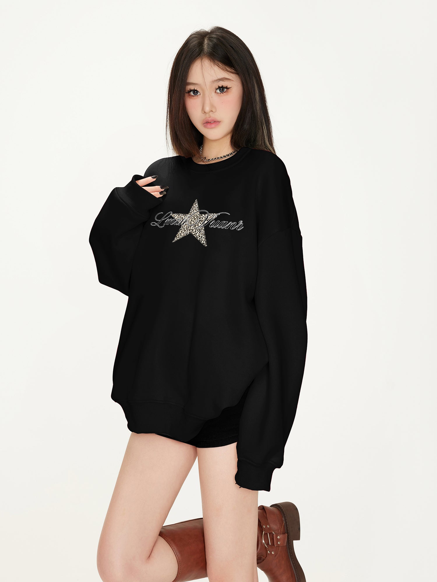 Loose Black Fleece Sweatshirt for Women Warm Round Neck Long Sleeve Top
