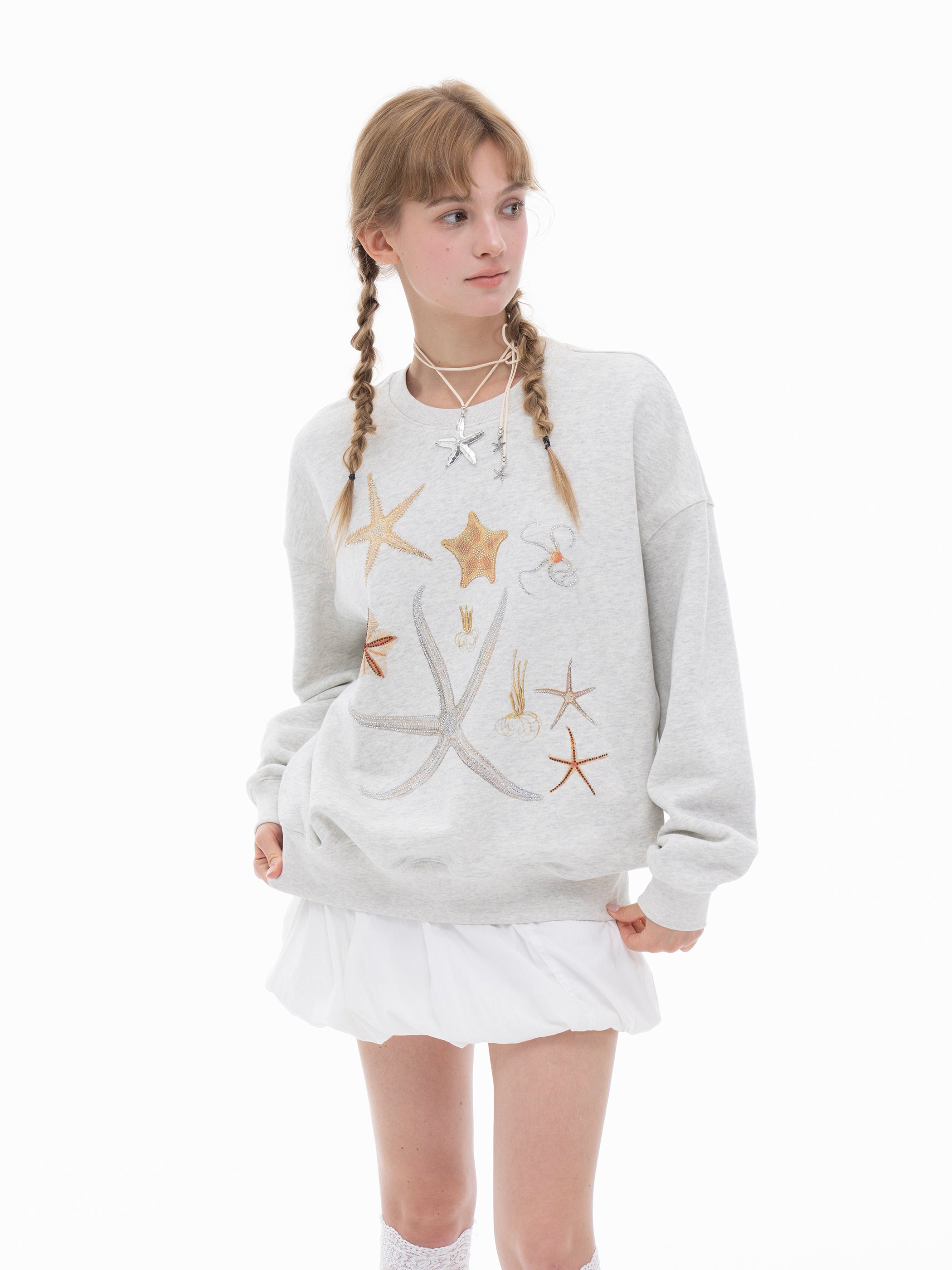 Casual Rhinestone Print Sweatshirt for Women Loose Artistic Design