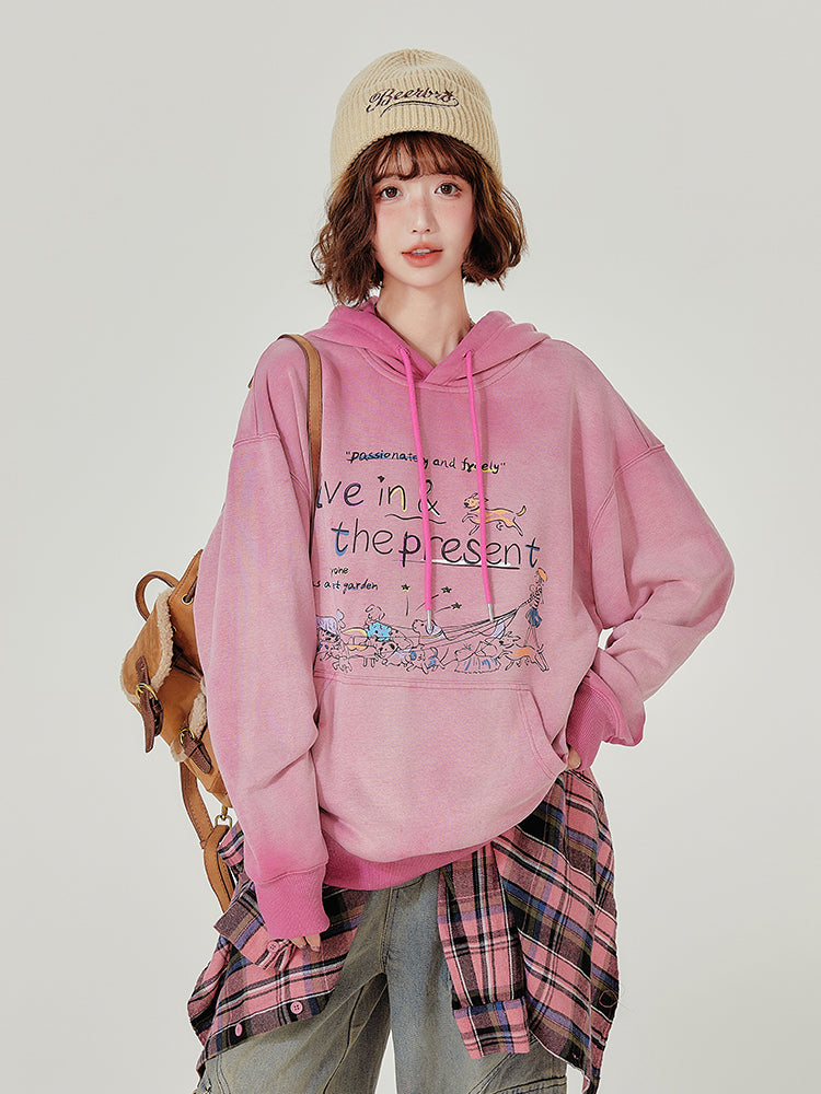 Loose Vintage Wash Hoodie for Women Retro Fleece Graphic Pullover