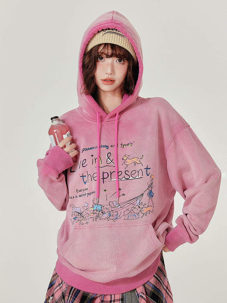 Loose Vintage Wash Hoodie for Women Retro Fleece Graphic Pullover