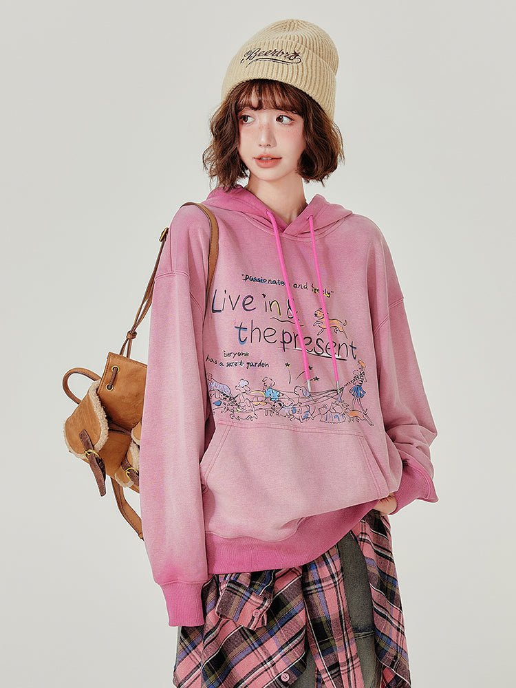 Loose Vintage Wash Hoodie for Women Retro Fleece Graphic Pullover