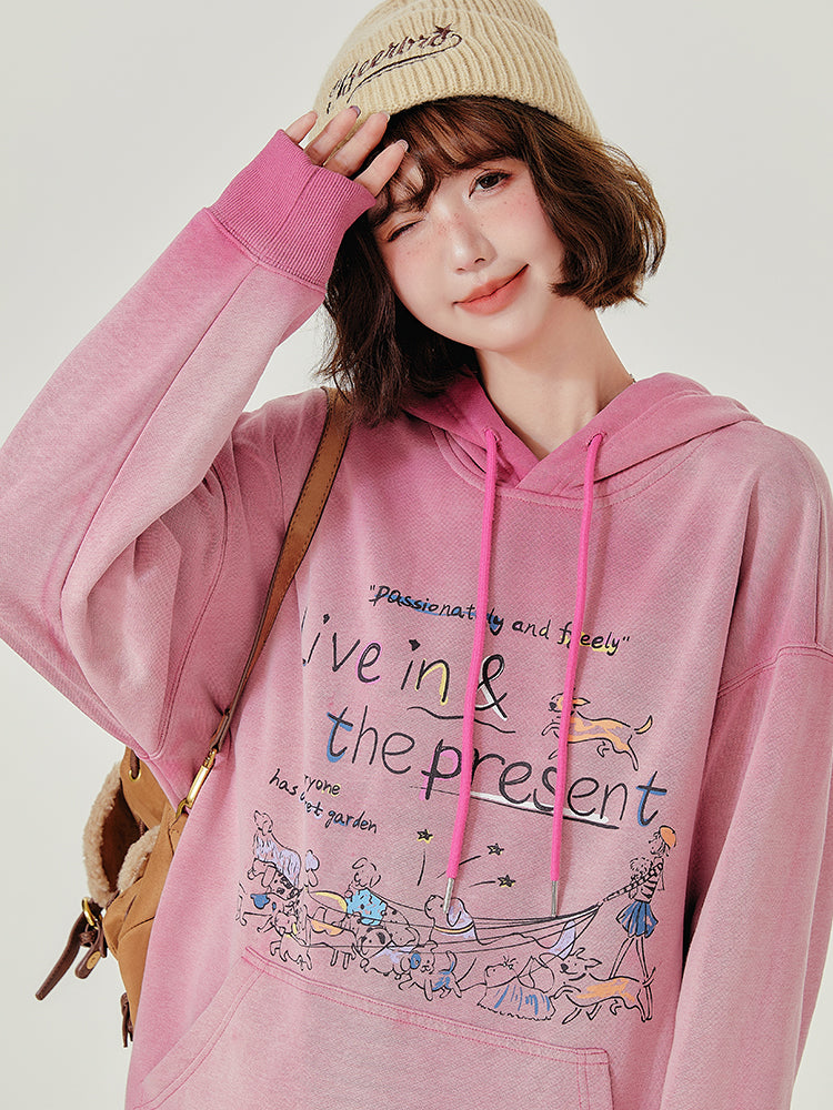Loose Vintage Wash Hoodie for Women Retro Fleece Graphic Pullover