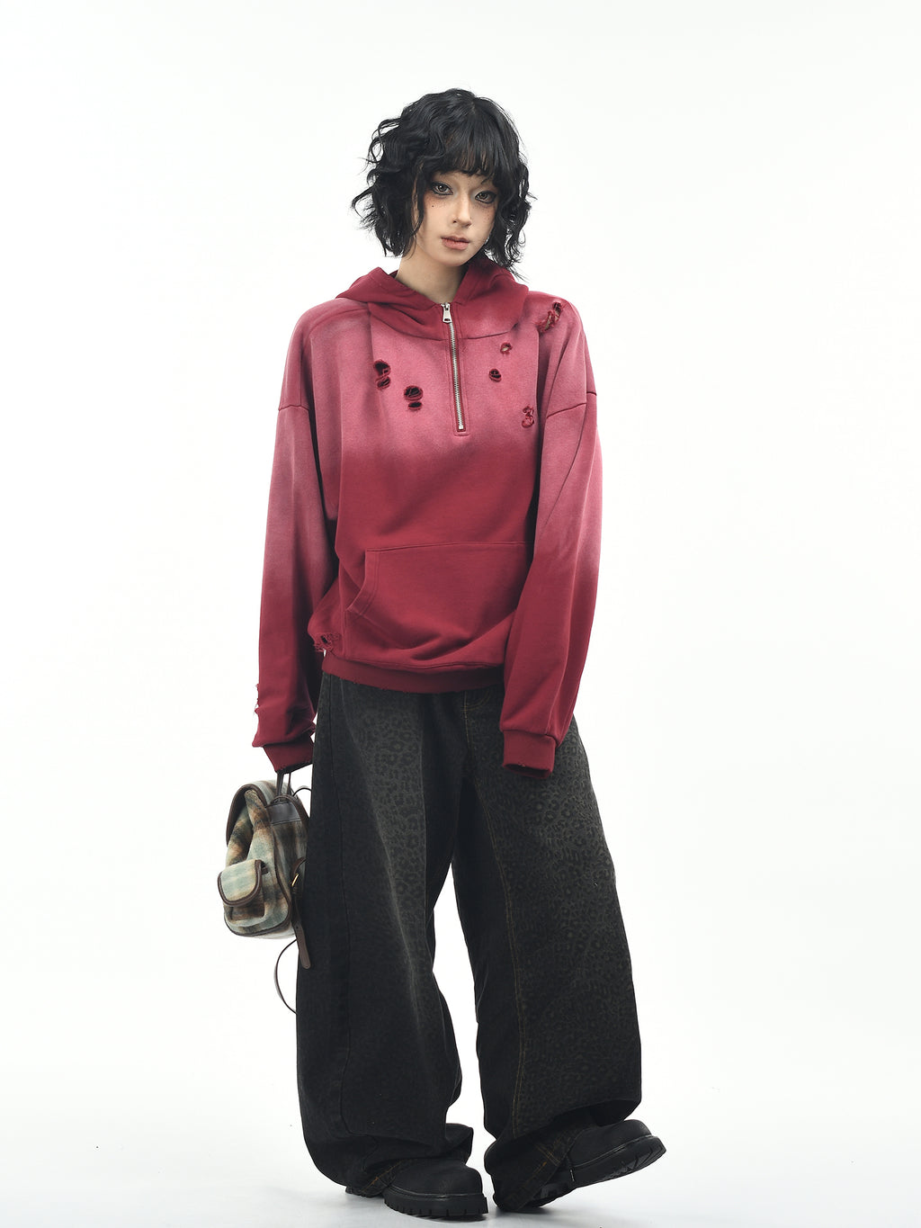 Retro Washed Half Zip Hoodie for Women Tie Dye Loose Street Style