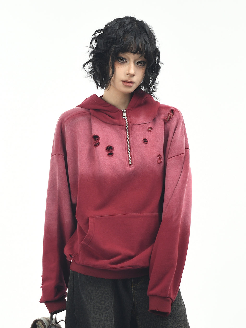 Retro Washed Half Zip Hoodie for Women Tie Dye Loose Street Style