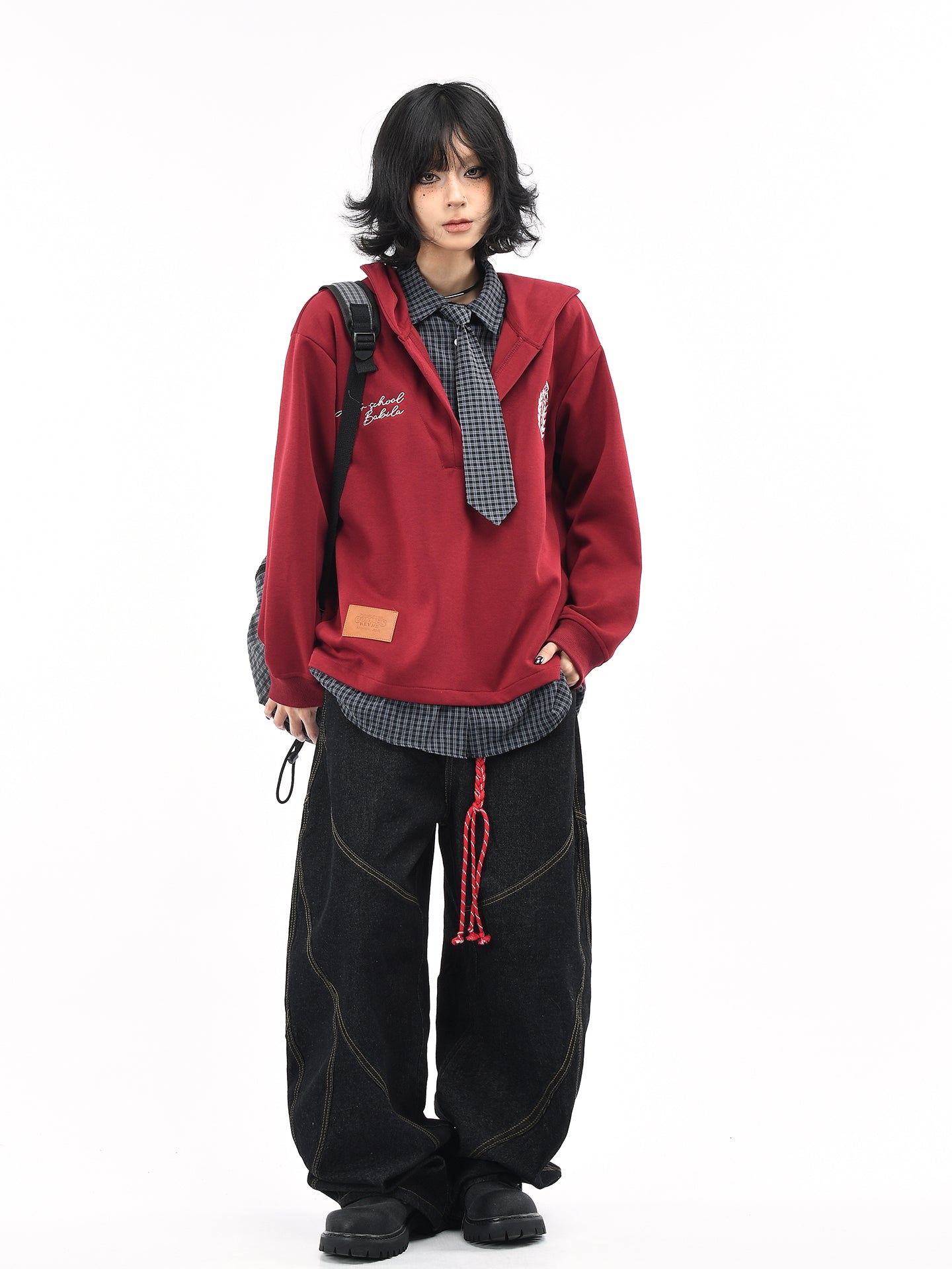 Preppy Layered Plaid Hoodie for Women Tie Patchwork Loose Sweatshirt