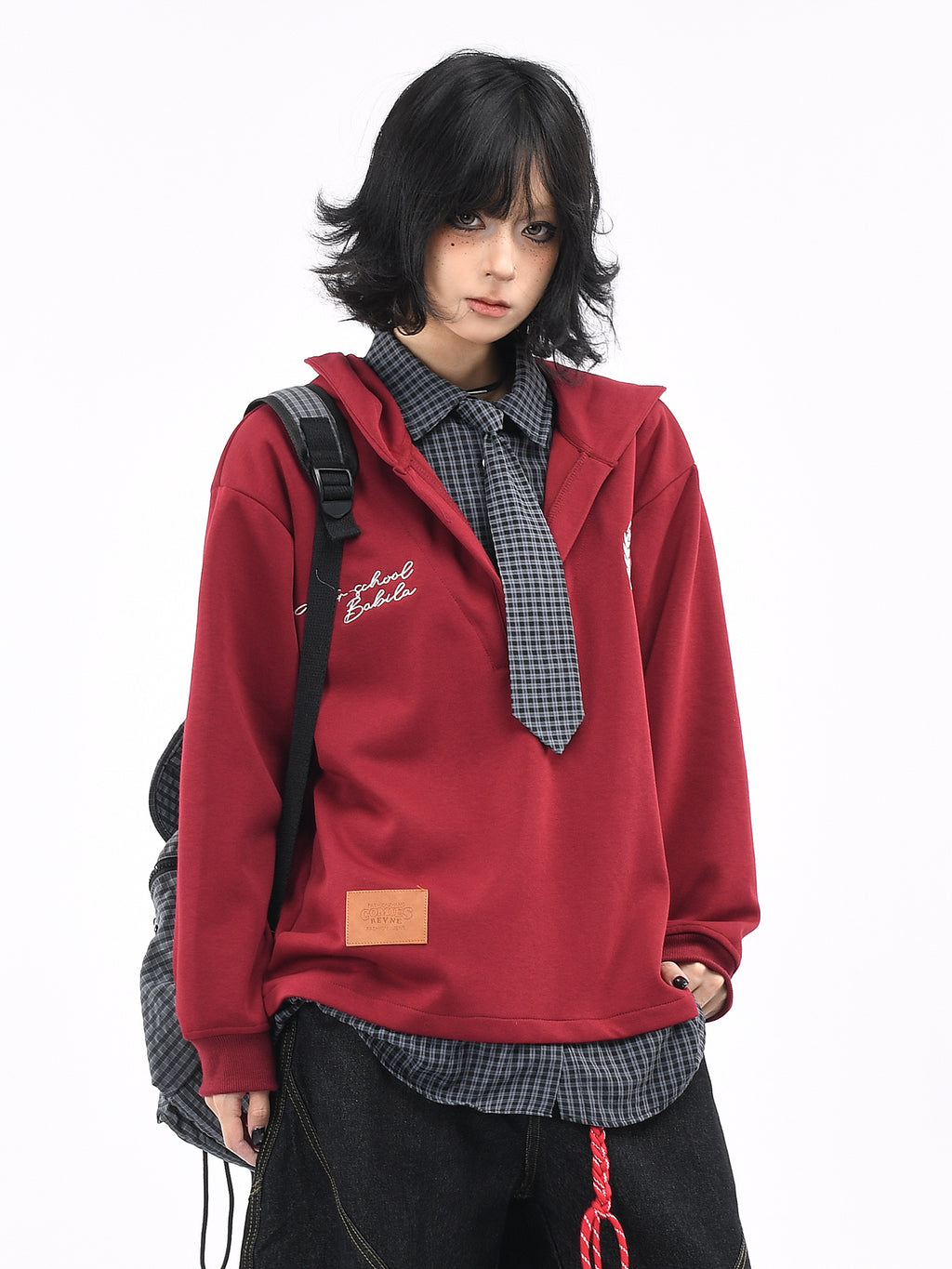 Preppy Layered Plaid Hoodie for Women Tie Patchwork Loose Sweatshirt