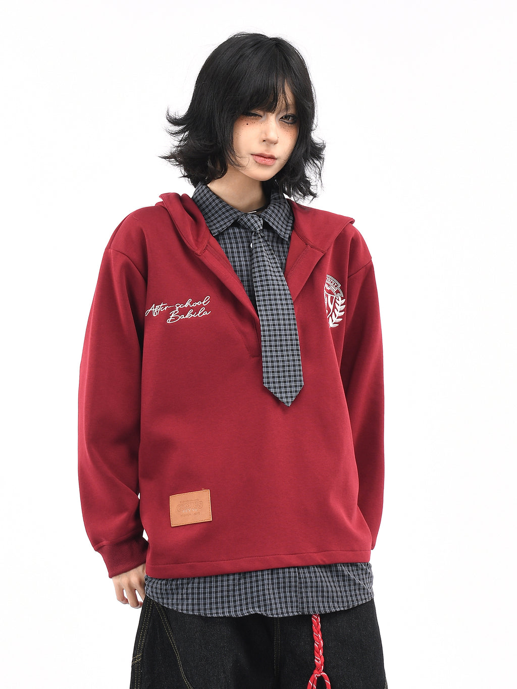 Preppy Layered Plaid Hoodie for Women Tie Patchwork Loose Sweatshirt