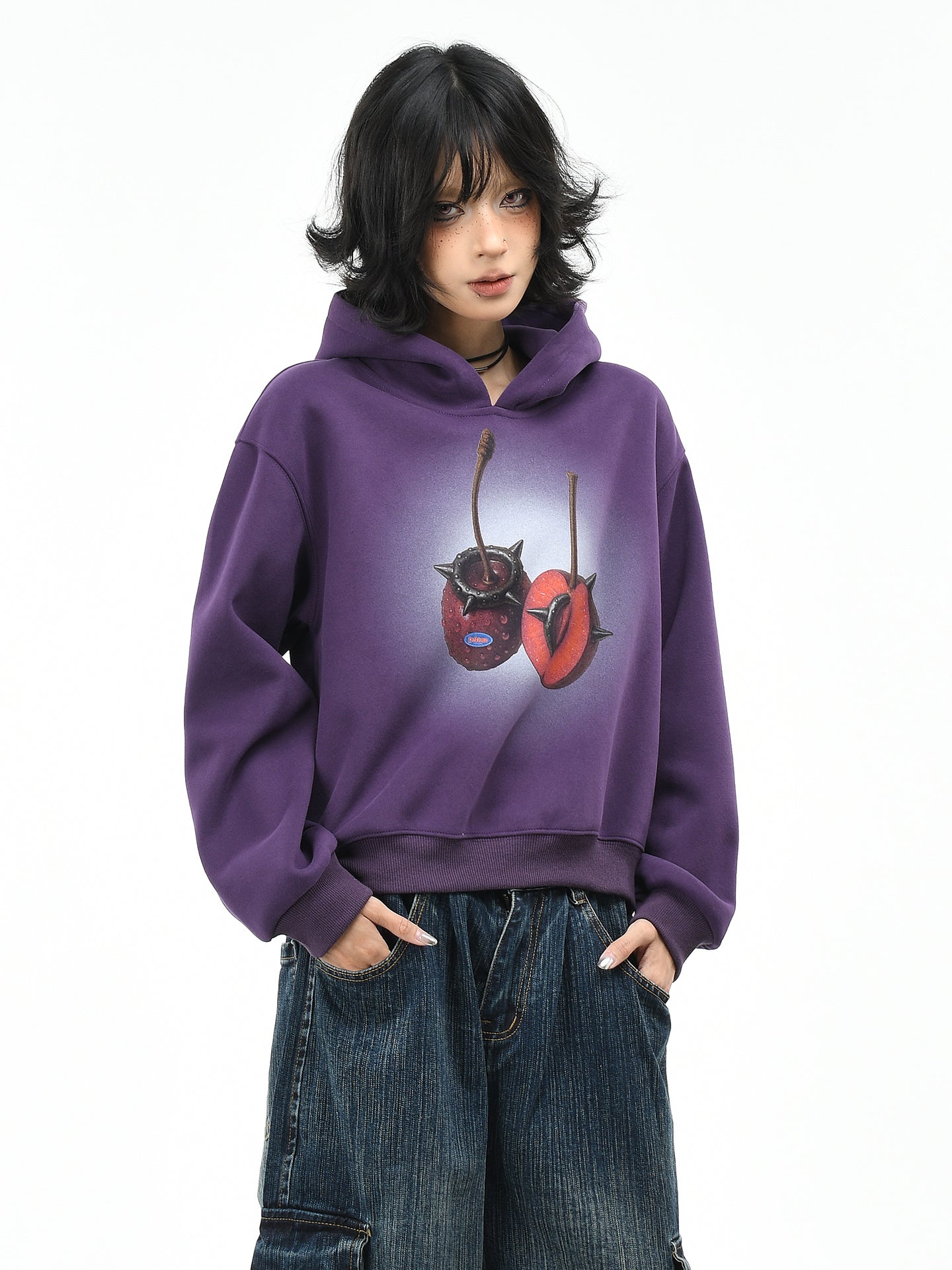 Cropped Vintage Hoodie for Women Cherry Print Washed Casual Sweatshirt