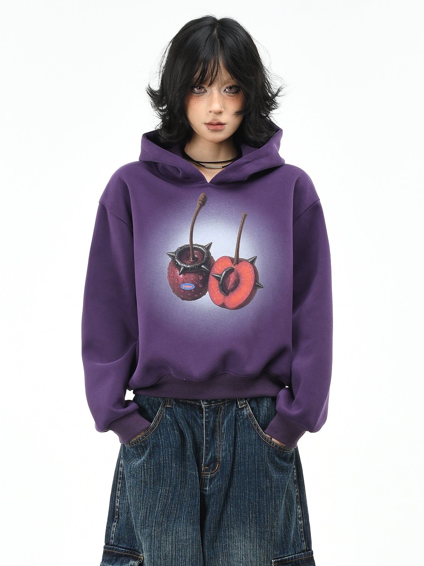 Cropped Vintage Hoodie for Women Cherry Print Washed Casual Sweatshirt