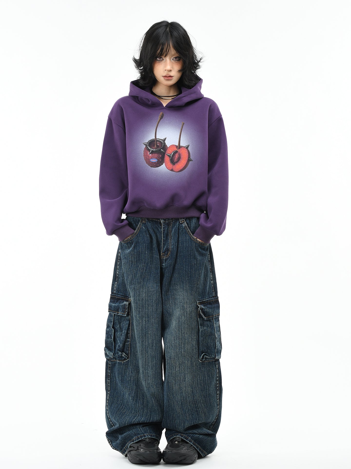 Cropped Vintage Hoodie for Women Cherry Print Washed Casual Sweatshirt