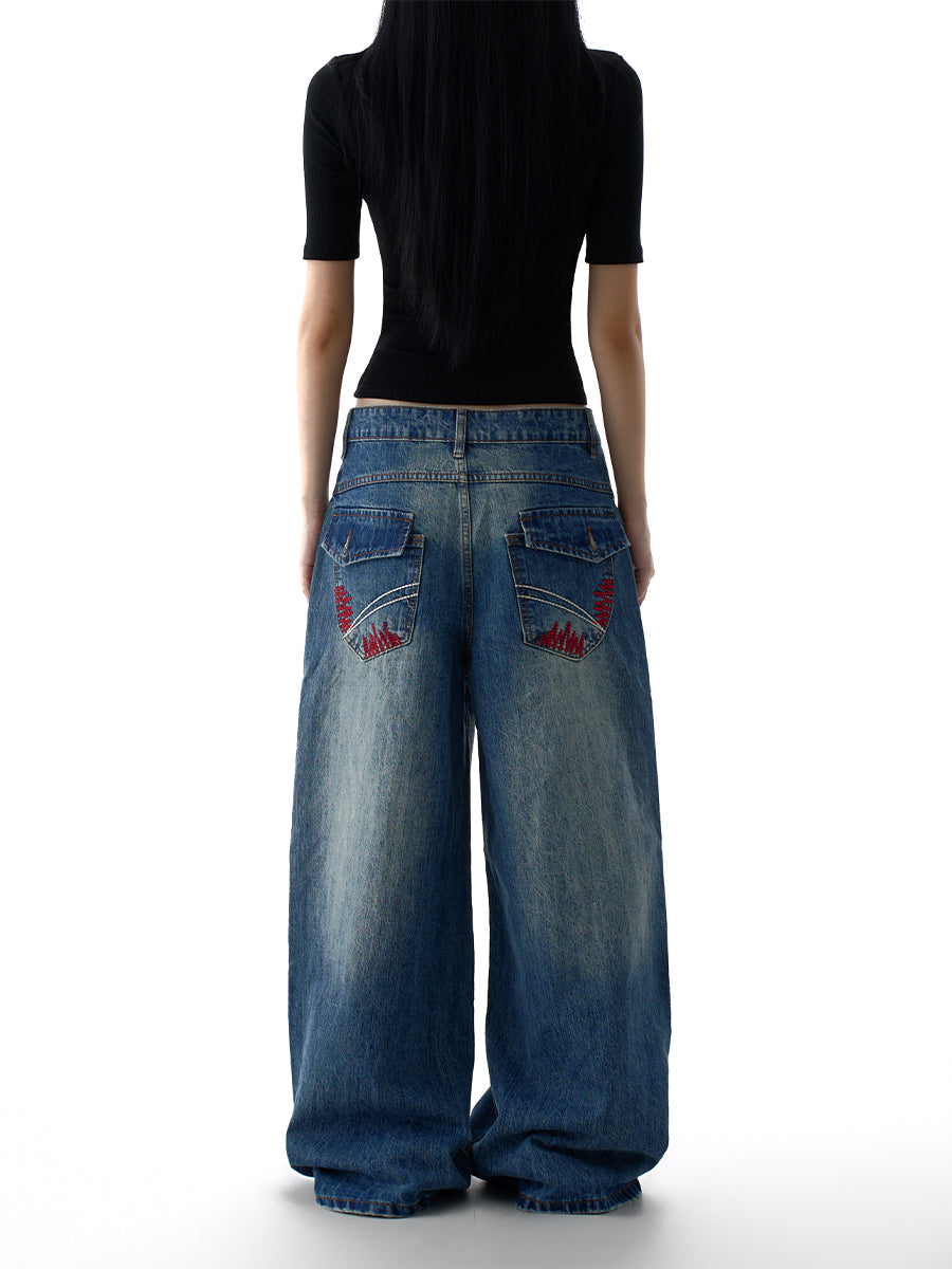 Street Style Embroidered Jeans for Women Vintage 2025 Fall Winter Loose Fit