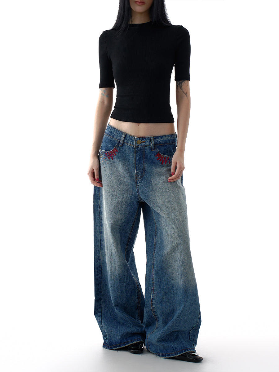 Street Style Embroidered Jeans for Women Vintage 2025 Fall Winter Loose Fit