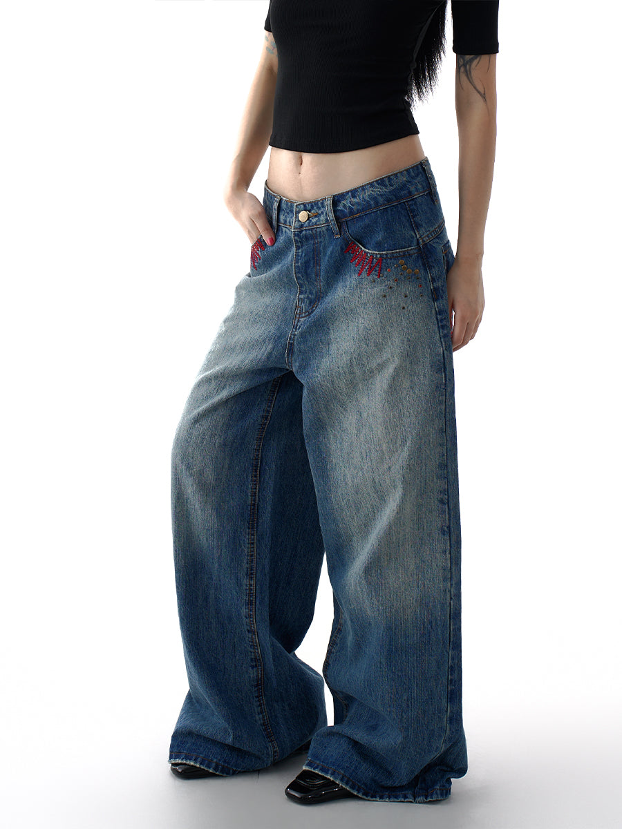Street Style Embroidered Jeans for Women Vintage 2025 Fall Winter Loose Fit