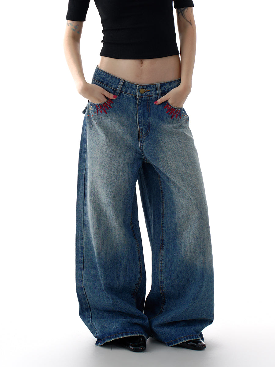 Street Style Embroidered Jeans for Women Vintage 2025 Fall Winter Loose Fit