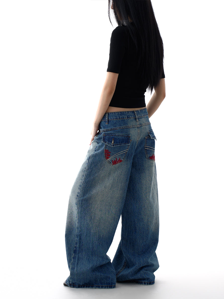 Street Style Embroidered Jeans for Women Vintage 2025 Fall Winter Loose Fit