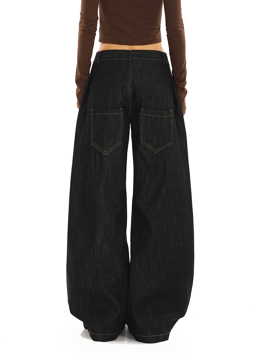 Casual Black Wide Leg Denim Pants for Women Low Rise Vintage Street Style
