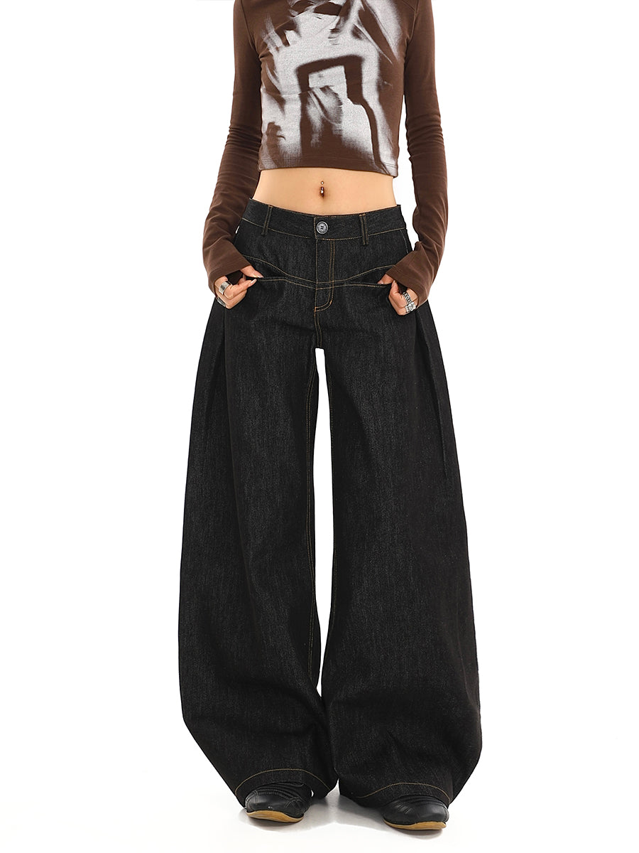 Casual Black Wide Leg Denim Pants for Women Low Rise Vintage Street Style