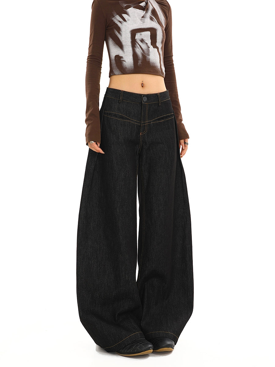 Casual Black Wide Leg Denim Pants for Women Low Rise Vintage Street Style