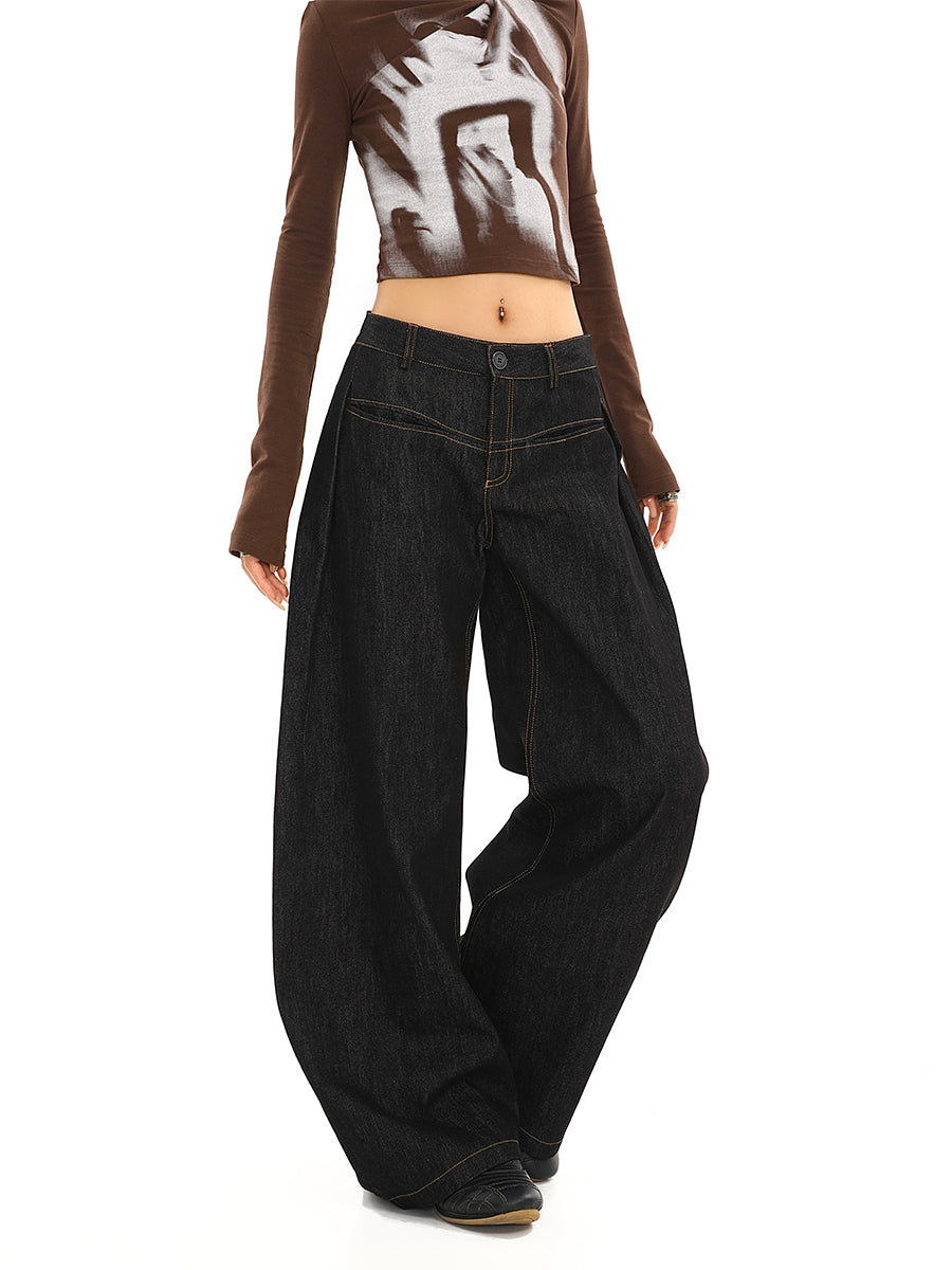 Casual Black Wide Leg Denim Pants for Women Low Rise Vintage Street Style