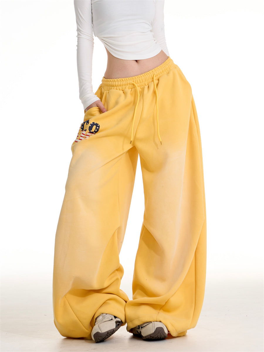 Casual Yellow Printed Sweatpants for Women Vintage Loose Wide Leg Autumn