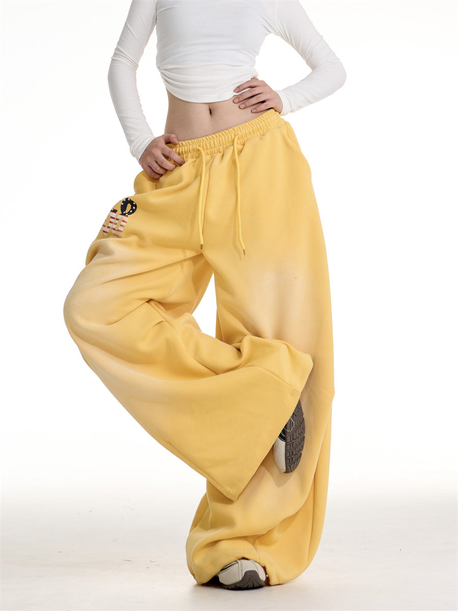 Casual Yellow Printed Sweatpants for Women Vintage Loose Wide Leg Autumn