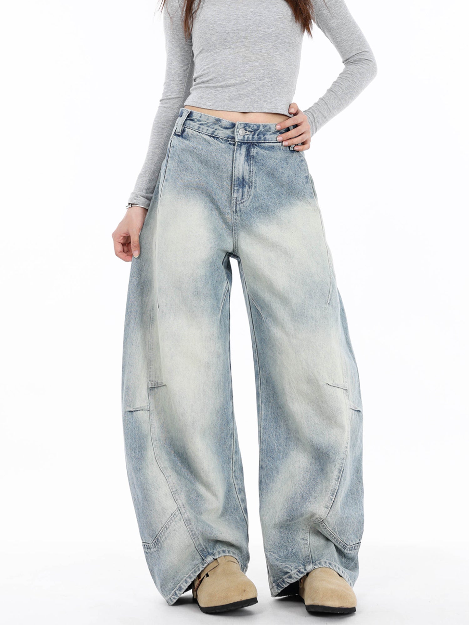 Vintage Curved Denim Pants for Women Light Blue Washed Patchwork Jeans