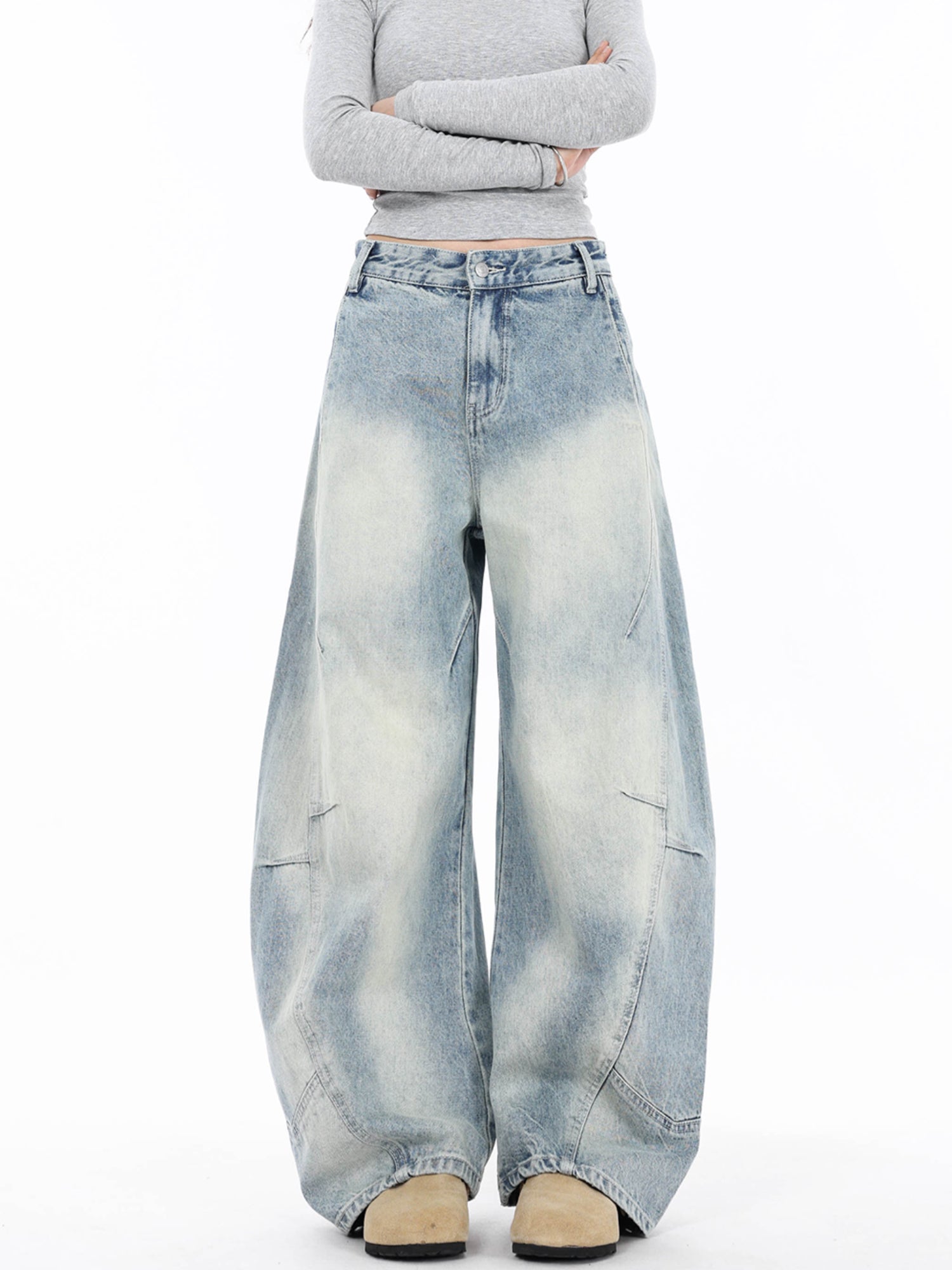Vintage Curved Denim Pants for Women Light Blue Washed Patchwork Jeans