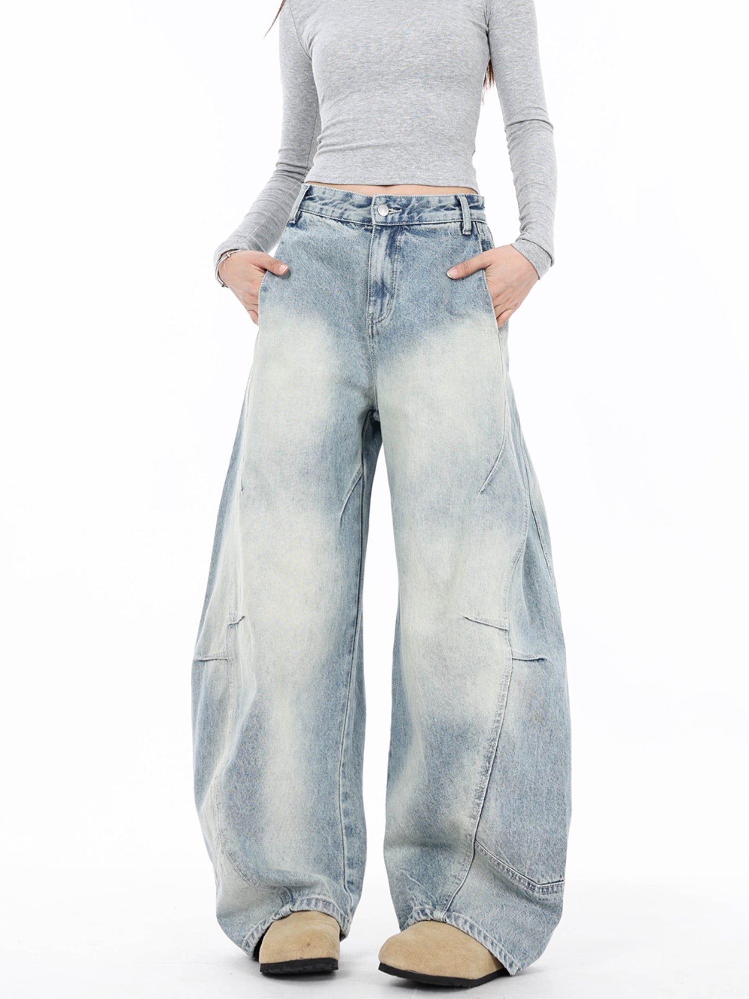 Vintage Curved Denim Pants for Women Light Blue Washed Patchwork Jeans