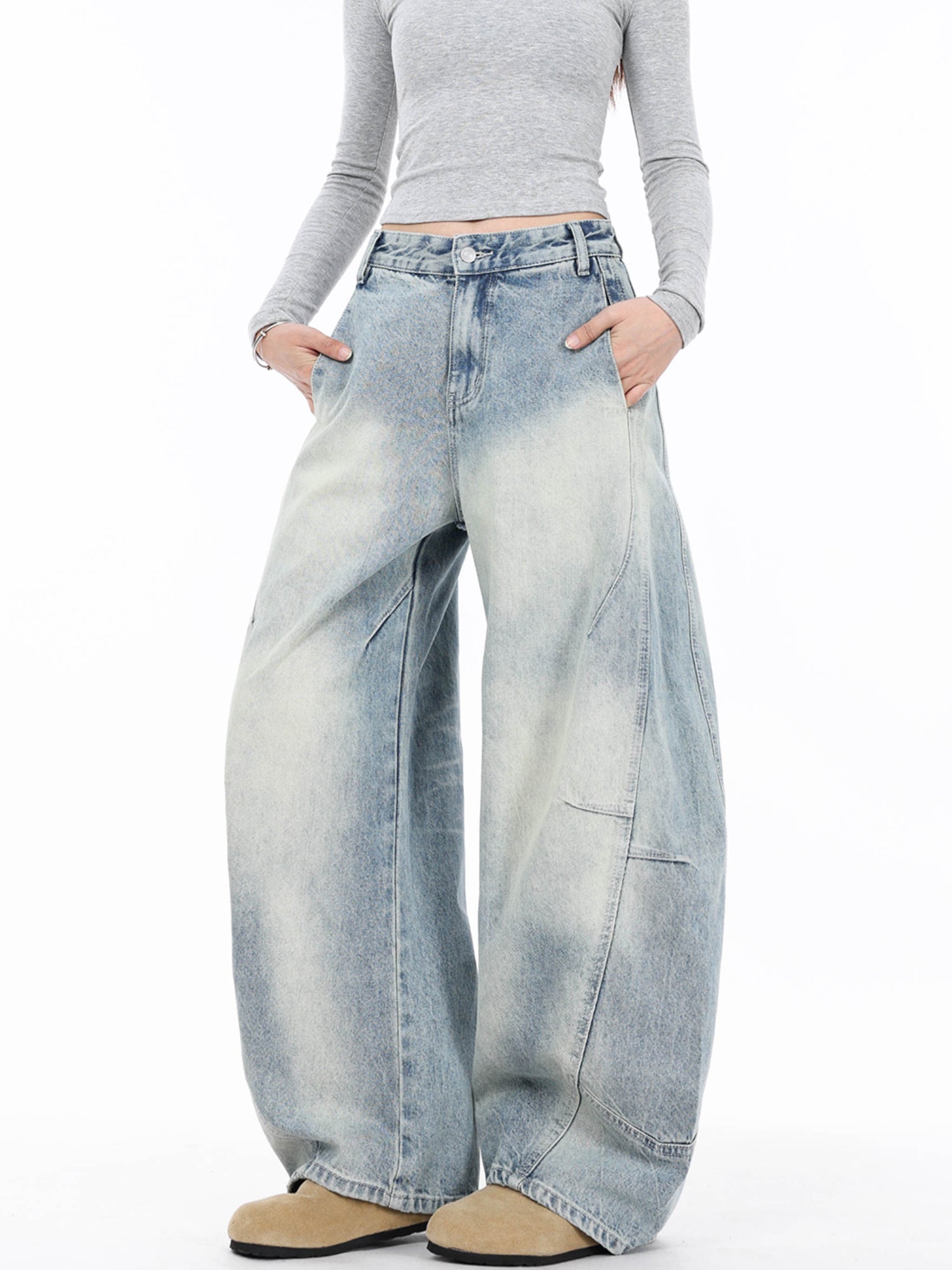 Vintage Curved Denim Pants for Women Light Blue Washed Patchwork Jeans