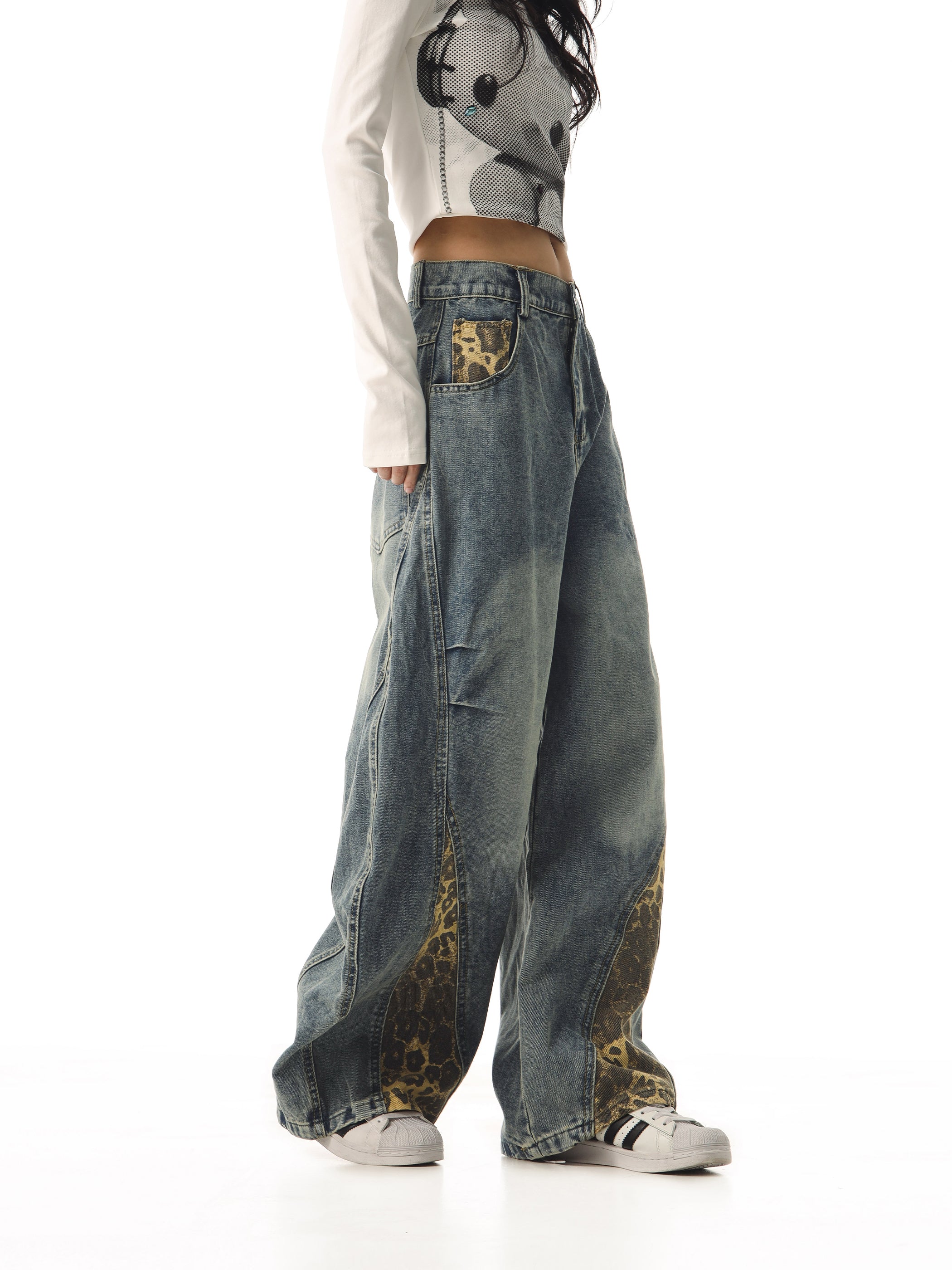 Casual Vintage Leopard Denim Pants for Women Loose Straight Wide Leg Jeans