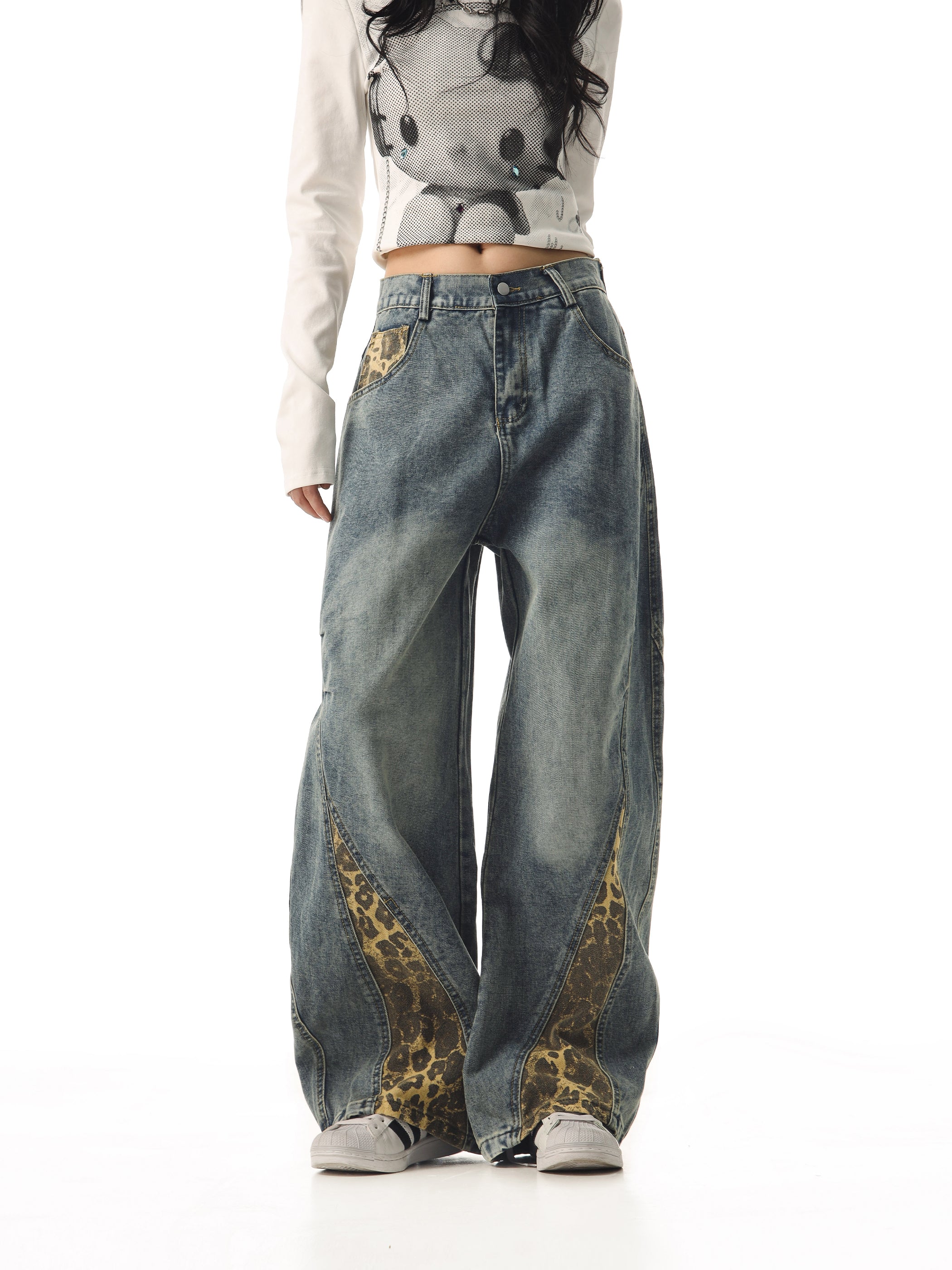 Casual Vintage Leopard Denim Pants for Women Loose Straight Wide Leg Jeans