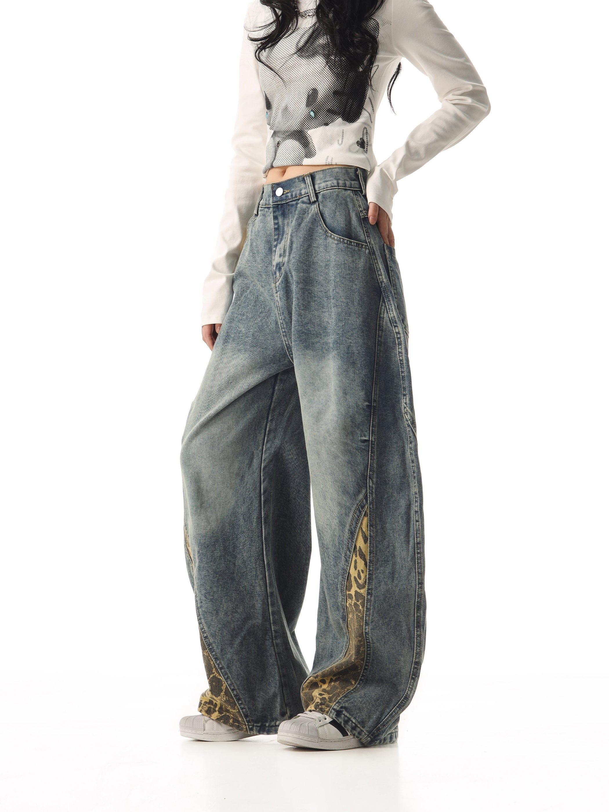 Casual Vintage Leopard Denim Pants for Women Loose Straight Wide Leg Jeans