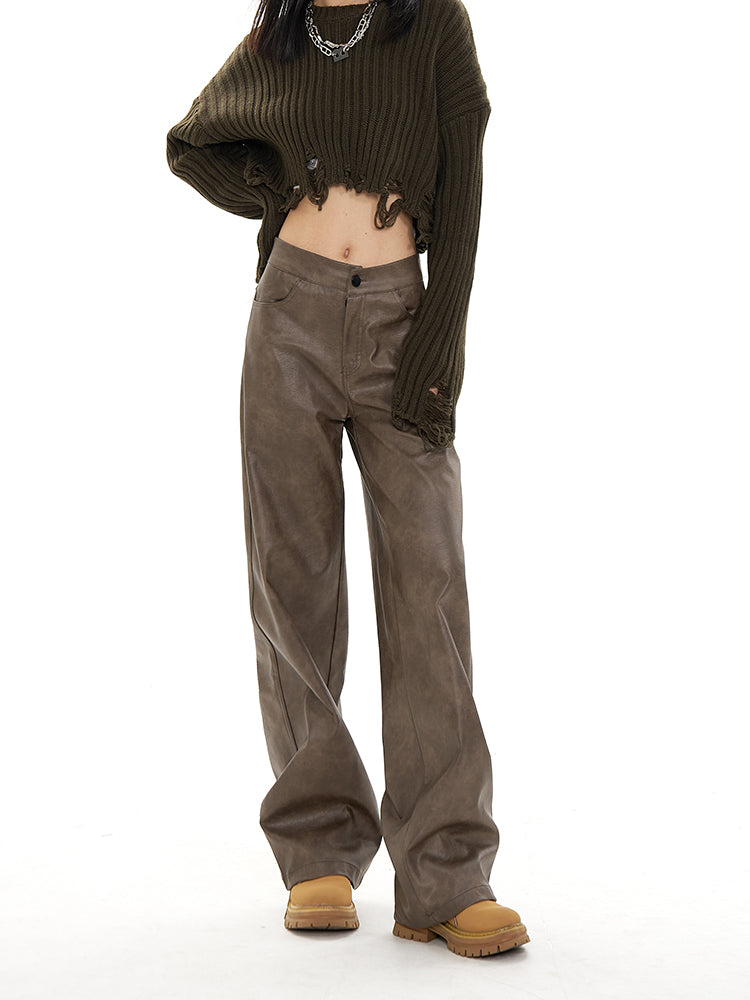 Street Style Vintage Leather Pants for Women 2025 Winter Loose Straight Fit