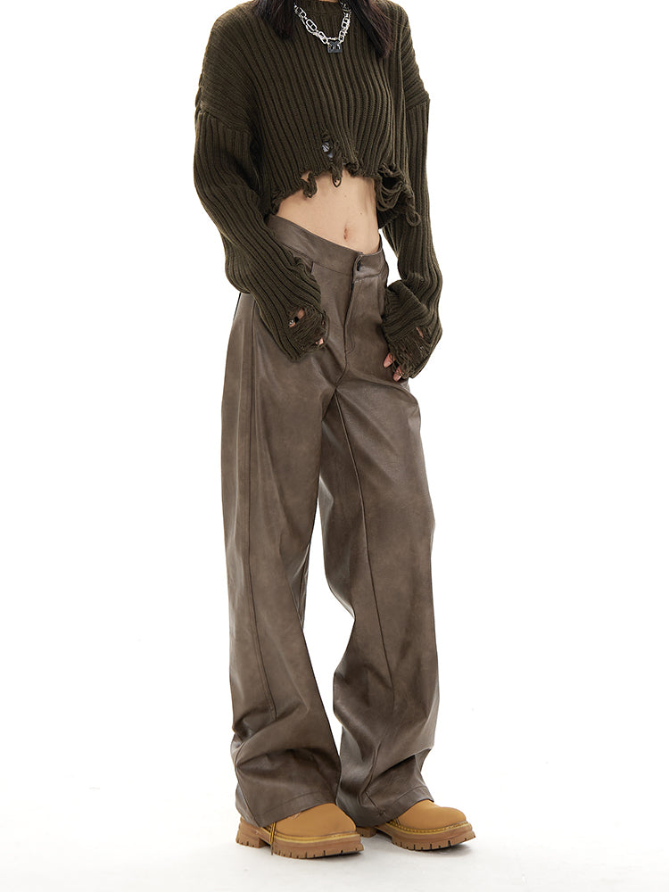 Street Style Vintage Leather Pants for Women 2025 Winter Loose Straight Fit