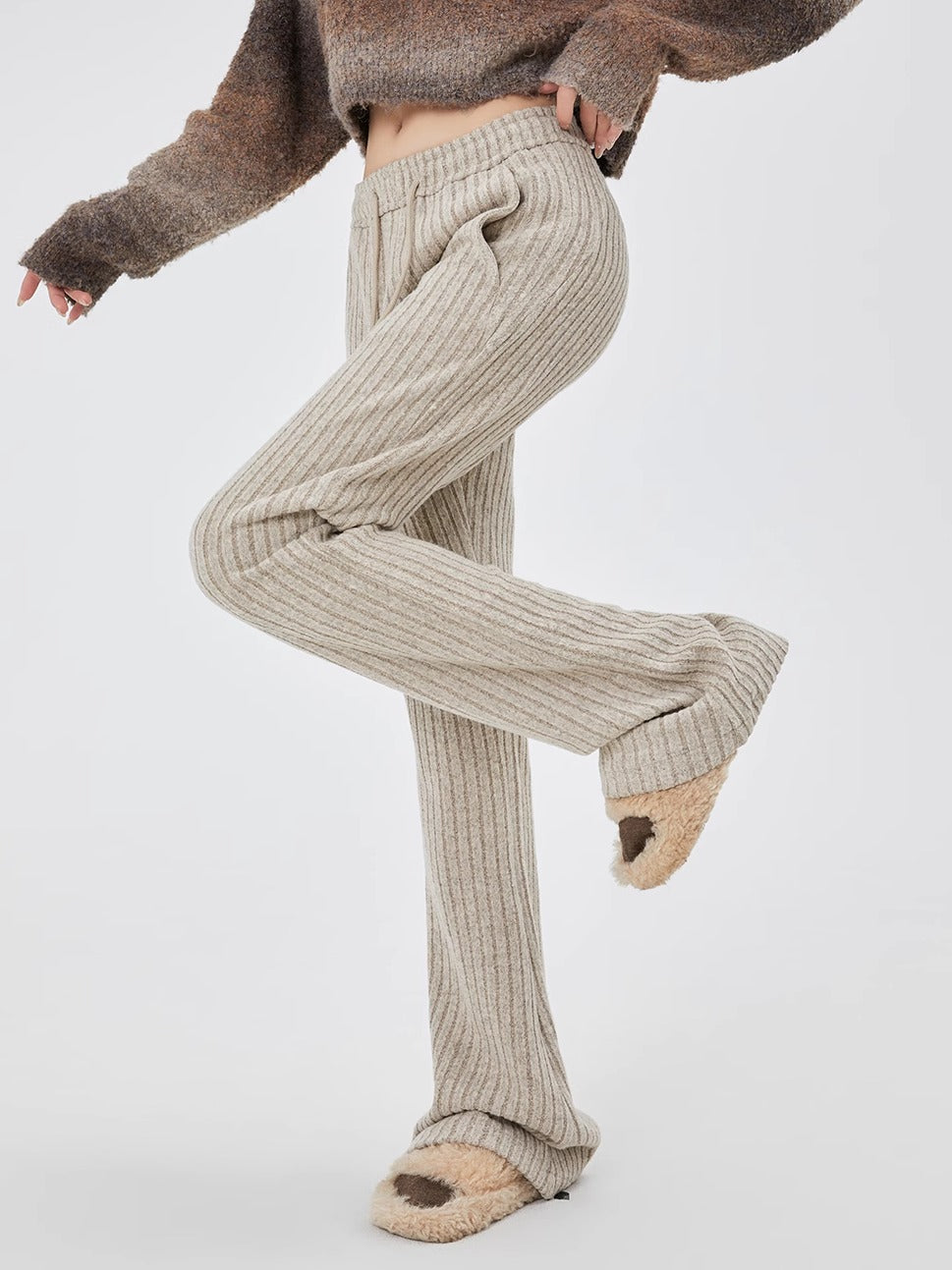 Casual Vintage Striped Sweatpants for Women Fleece Flared Fall Street Pants