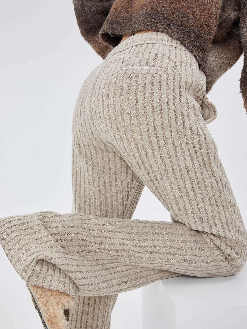 Casual Vintage Striped Sweatpants for Women Fleece Flared Fall Street Pants