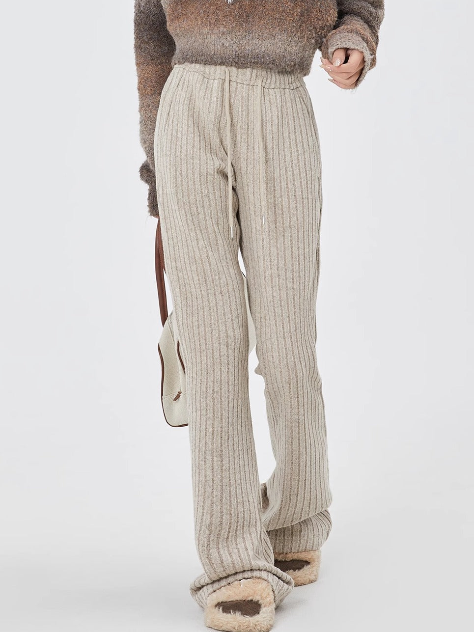 Casual Vintage Striped Sweatpants for Women Fleece Flared Fall Street Pants